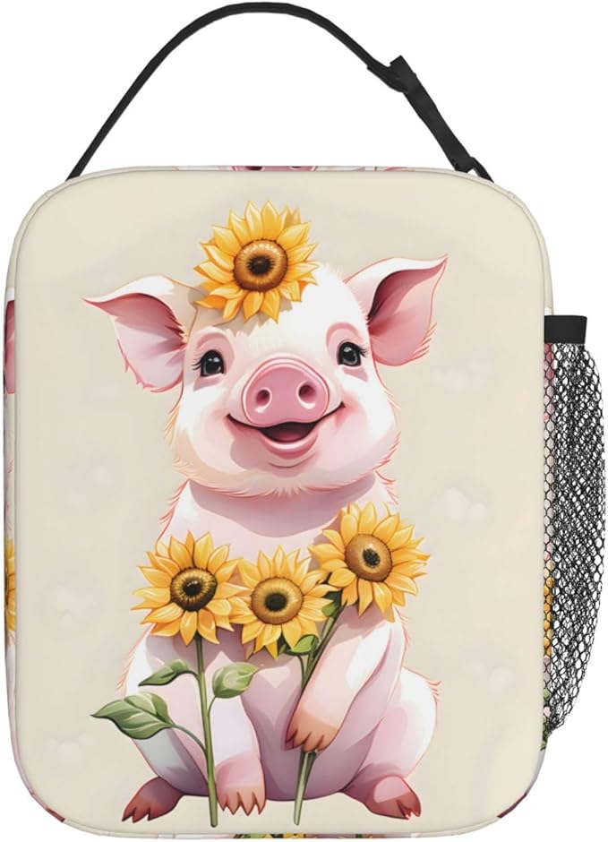 Reusable Cute Pig Lunch Box for Kids, Insulated Sunflower Cream Bag,Polyester Cooler Animal Lovers Handbags Case for School Picnic Work Travel Beach or Hiking, Gifts