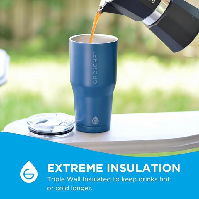 GROSCHE Yukon 30 oz Insulated Coffee Mug with Lid - Durable Travel Mug, Stainless Steel Tumblers, Vacuum Insulated Coffee Tumbler for Hot or Cold Beverages - BLUE