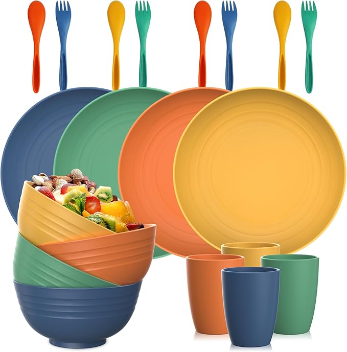 Premium Wheat Straw Dinnerware Sets for 4,Dishwasher & Microwave Safe Plates and Bowls Sets 20-Piece, Unbreakable and Lightweight Bowls for RV,Camping and Picnic,Kitchen Essentials - Multi color