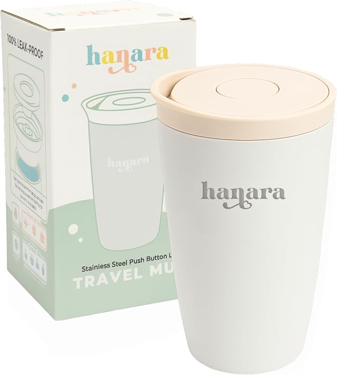 12 oz Push Button Lid Stainless Steel Travel Mug | Double Wall Insulated, Leak-Proof | Keeps Drinks Hot for 6hrs & Cold for 12hrs | Dishwasher Safe | Perfect for Coffee, Tea & More (Beige Gray)