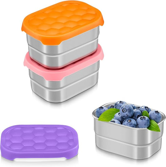 TeamFar 3 Pcs Stainless Steel Snack Containers for Kids, 8 OZ Small Food Container with Silicone Lid Easy Open Leak Proof, Metal Toddler Lunch Bento Box for Child Daycare School, MultiColor