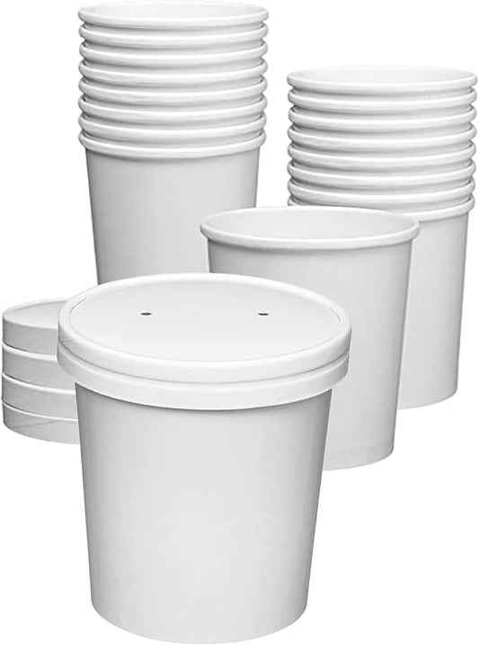 250 Sets White Paper Food Containers With Vented Lids, To Go Hot Soup Bowls, Disposable Ice Cream Cups (24oz)