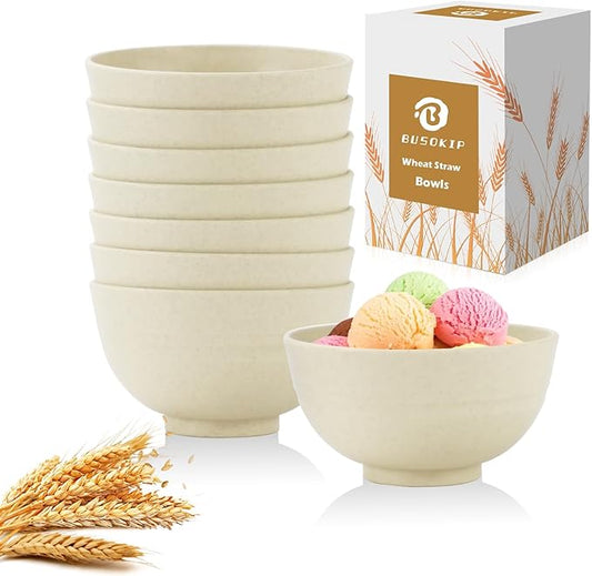 Beige Wheat Straw Bowls, 10 OZ Snack Bowl Set of 8, Unbreakable Ice Cream Bowl Set, Alternative Plastic Bowls Reusable, Microwave Safe Small Appetizer Bowl for Dessert, Snack (Beige)