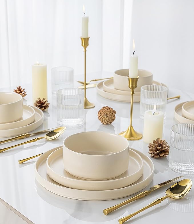 TheTerra Ceramic Dinnerware Sets for 8, 24 Pieces Handmade Reactive Glaze Plates and Bowls Set, Scratch Resistant Dish Set, Oven & Microwave & Dishwasher Safe, Ice Cream