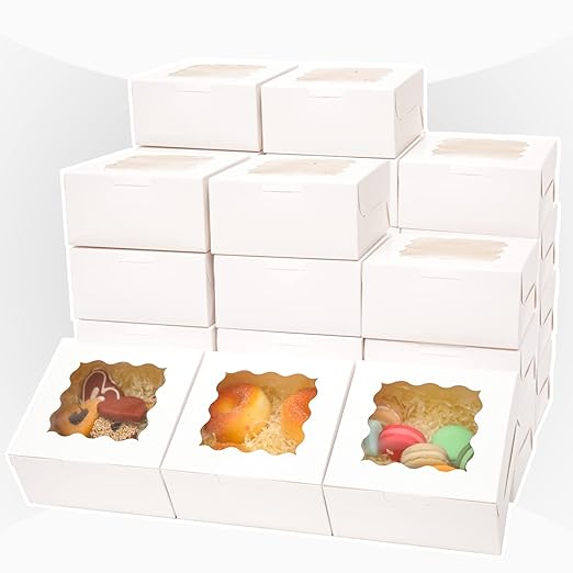 Bakepacker 100pcs White Bakery Boxes with Window 6x6x3 inches Thick & Sturdy Macaroon Pastry & Cookie Boxes