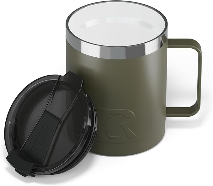 RTIC 12oz Essential Coffee Mug with Lid and Handle, Insulated, Ceramic Lined, Stainless Steel, Metal, Double Wall Vacuum-Insulation, Portable, Travel Cup for Hot and Cold Drink, Olive