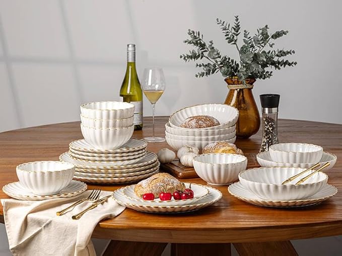 GBHOME Stoneware Dinnerware Sets for 4,Handcrafted Embossed Design Reactive Glaze Ceramic Plates and Bowls, Dishwasher and Microwave Safe, Service for 4(12pcs)