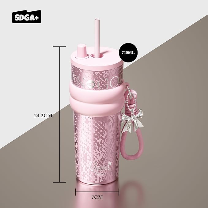 24 oz Stainless Steel Tumbler with Lid and Straw, Insulated Water Bottle Leak Proof for Hot and Cold, Portable Travel Coffee Mug, Reusable Coffee Cup for Women, Blush Pink
