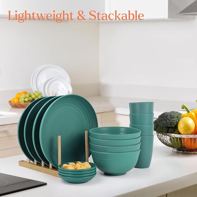 Wrova Wheat straw plates and bowls set of 16 - Unbreakable wheat straw dinnerware sets for kids - Alternative plastic dinnerware set service for 4 - Microwave safe and Dishwasher safe bowls. Green