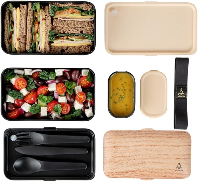 Restaurantware Bento Tek 40.5 Ounces Stackable Lunch Box 1 Reusable Adult Lunch Container - With Utensils Sauce Cup Wood Grain & Black Plastic Layered Lunch Box Microwavable Dishwashable
