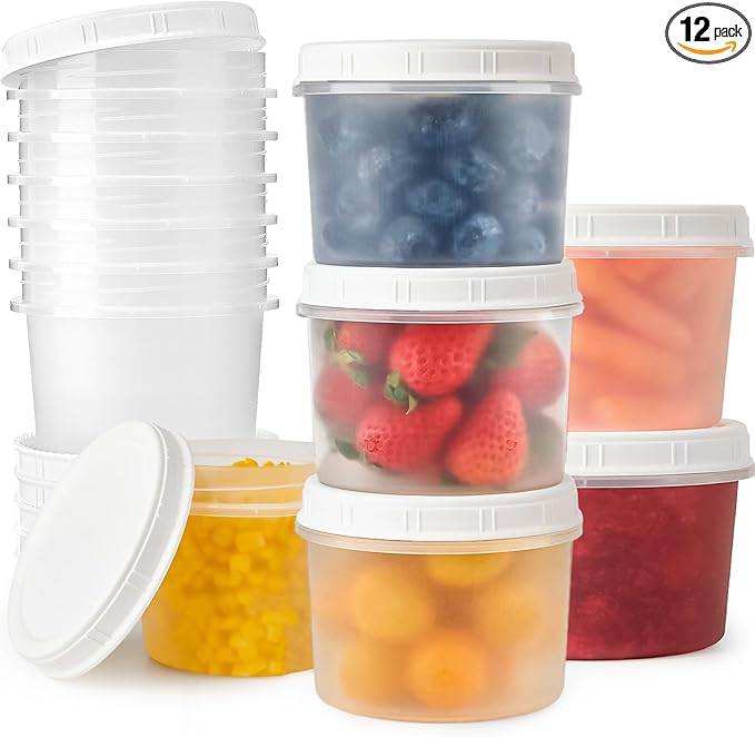TUZAZO 12 Oz Food Storage Containers with Screw Lids, 12-Count Reusable Small Plastic Soup Containers for Portion and Meal Prep | Microwave-, Freezer-, Dishwasher-Safe | BPA Free