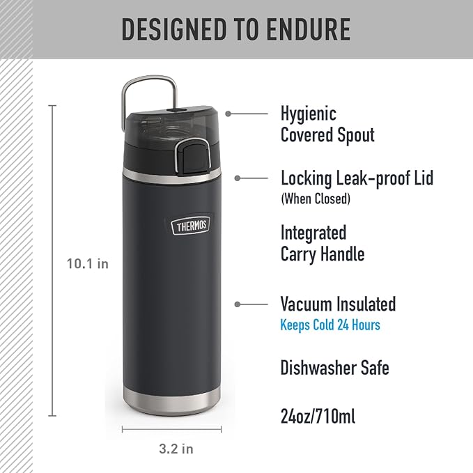 THERMOS ICON SERIES Stainless Steel Water Bottle with Spout - 24 Ounce, Granite - Vacuum Insulated Water Bottle with Lid
