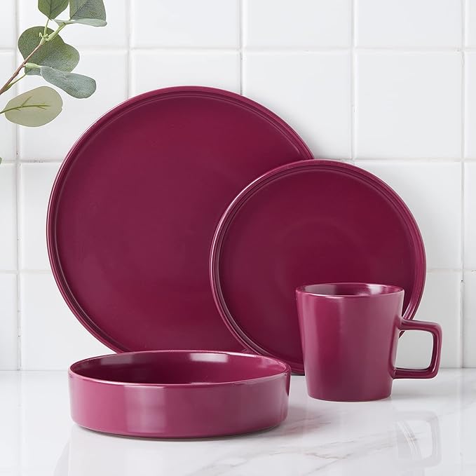 Stone Lain Cleo Stoneware 32-piece Round Dinnerware Set, Magenta,Service For 8,Coupe - Celina