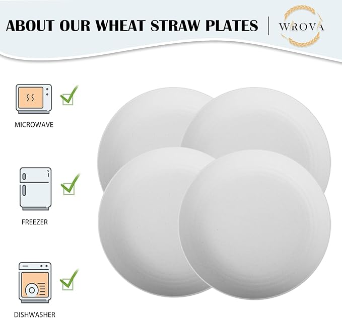 Wheat Straw Plates - 8 Inch Unbreakable Dinner Plates Set of 8 - Dishwasher & Microwave Safe Plastic Plates Reusable for Kitchen,R.V. (White)