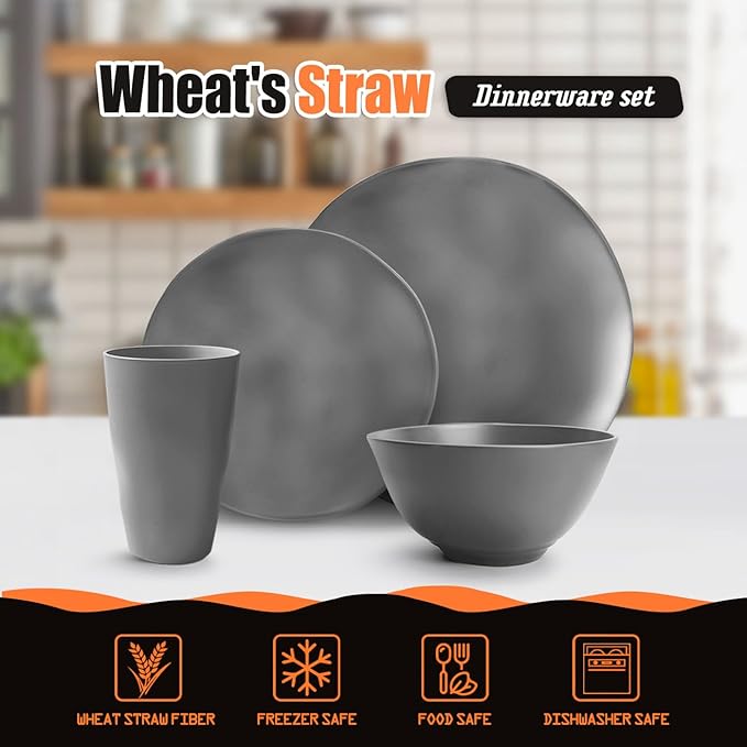Teivio 32-Piece Kitchen Plastic Wheat Straw Dinnerware Set, Service for 8, Dinner Plates, Dessert Plate,Cereal Bowls,Cups, Unbreakable Plastic Outdoor Camping Dishes,Irregular Deep Gray