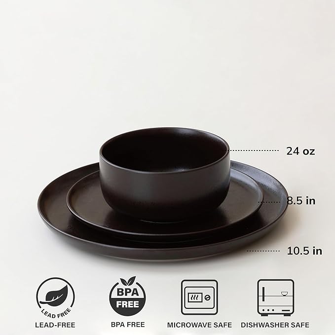 Stoneware Plates and Bowls Set - 12pcs Reactive Glazed Dinnerware Service for 4, Scratch & Chip Resistant(Ink Spot Brown)