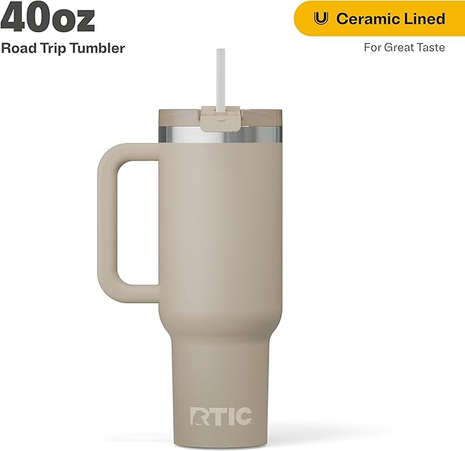 RTIC 40 oz Road Trip Tumbler Double-Walled Cermaic Lined Insulated Stainless Steel Portable Travel Coffee Mug Cup with Lid, Handle and Straw, Beach