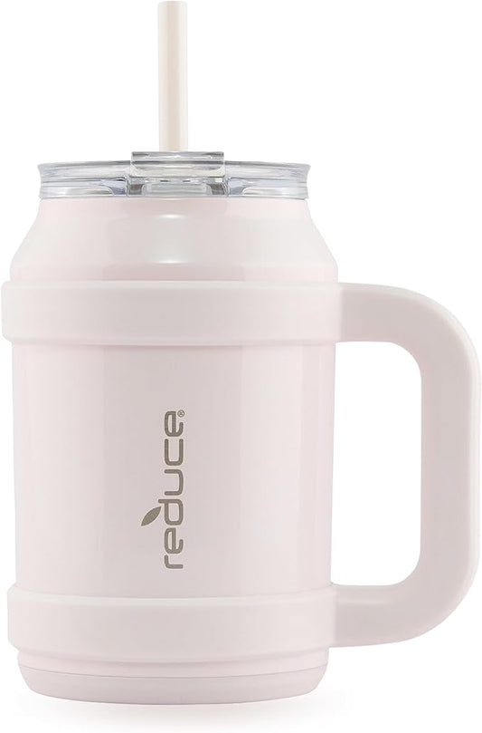 REDUCE Reusable 32 oz Cold1 Water Tumbler – Ergonomic Handle – Double-Wall Insulation – Sturdy Desktop/Tabletop Mug with Lid and Straw – BPA-Free – Stainless Steel for Gym, Home, or Office– Cotton