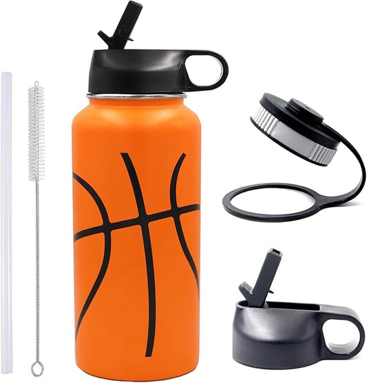 32 oz Basketball Water Bottle, Metal Thermo Travel Tumbler Sports Flask with 2 Lids, Stainless Steel Double Wall Vacuum Insulated Leak Proof Water Bottles, Basketball Accessories Gifts for Boys Girls