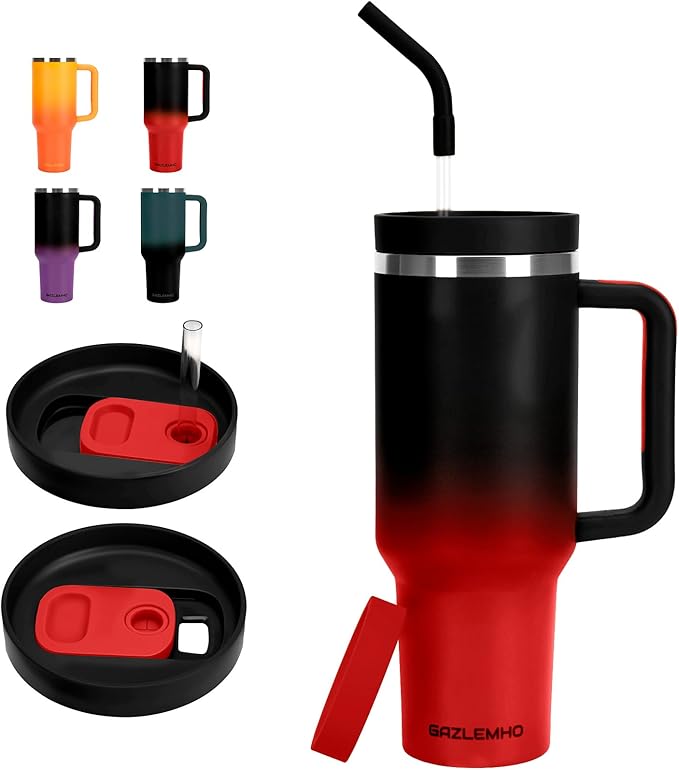 40oz Tumbler with Handle and Straw Spout 2-in-1 Lid, Spill Leak Proof Insulated Travel Cup Traveler Water Mug Keep Cold Hot, Dishwasher Safe Stainless Steel Bottle Gifts for Women Men, Black Red