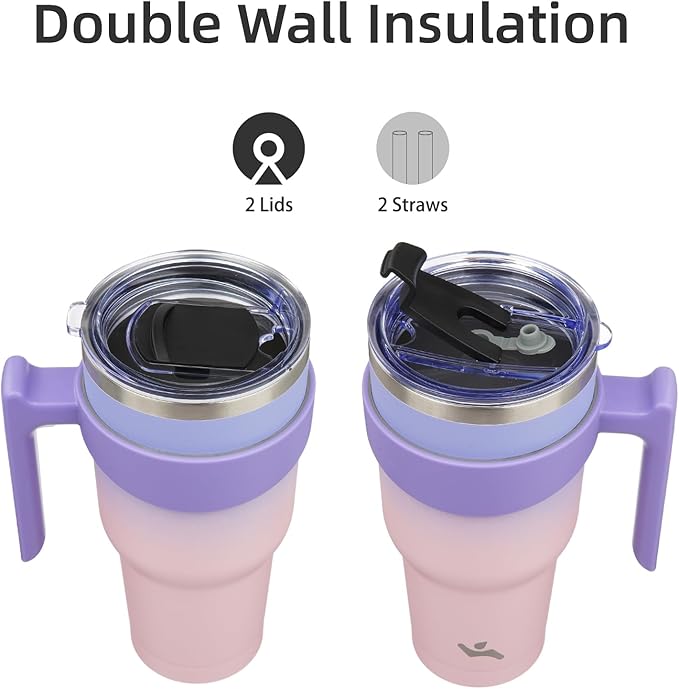 40 oz Tumbler with Handle and 2 Straw 2 Lid, Insulated Water Bottle Stainless Steel Vacuum Cup Reusable Travel Mug,Pastel Sunset