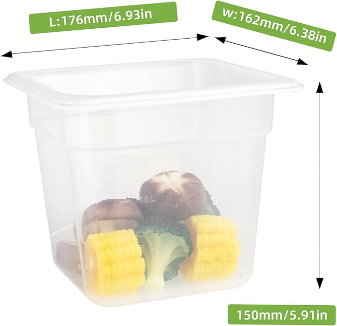 6-Pack Food Pan with Lids, 1/6 Size Food Storage Containers for homes, schools, restaurants, hotels Meal Prep, -40℉-160℉, Stackable, Freezer-Safe (1/6 size 6 inch deep, 2.22L/2.35QT)