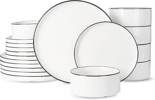 Famiware Porcelain Dinnerware Set, 18-Piece Modern Plate and Bowl Set, dish set for 6, Microwave and Dishwasher Safe Tableware, White with Black Trim
