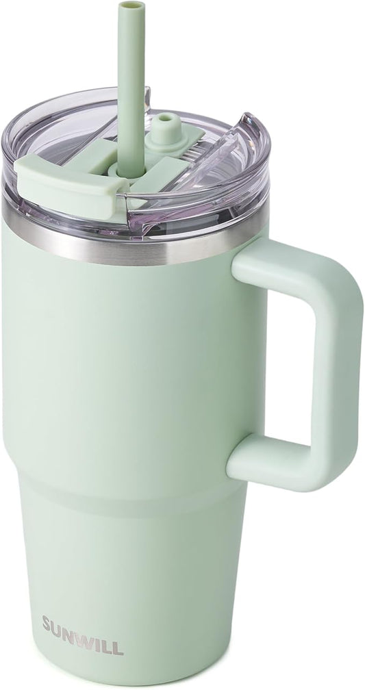 SUNWILL Travel Coffee Mug with Lid, 20 oz Tumbler with Handle and Straw Leak Proof, Stainless Steel Cup Insulated for Office & Gym, Cupholder Friendly, Powder Coated Matcha Cream