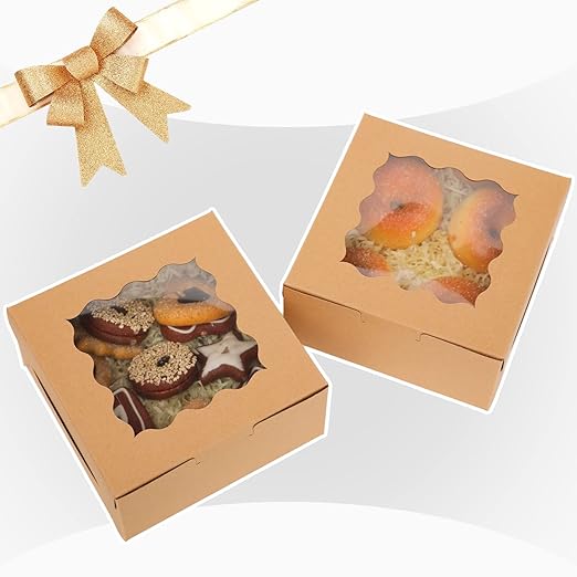 Bakepacker 100pcs Kraft Bakery Boxes with Window 6x6x3 inches Thick & Sturdy Macaroon Pastry Boxes Cookie Boxes for Bakerys