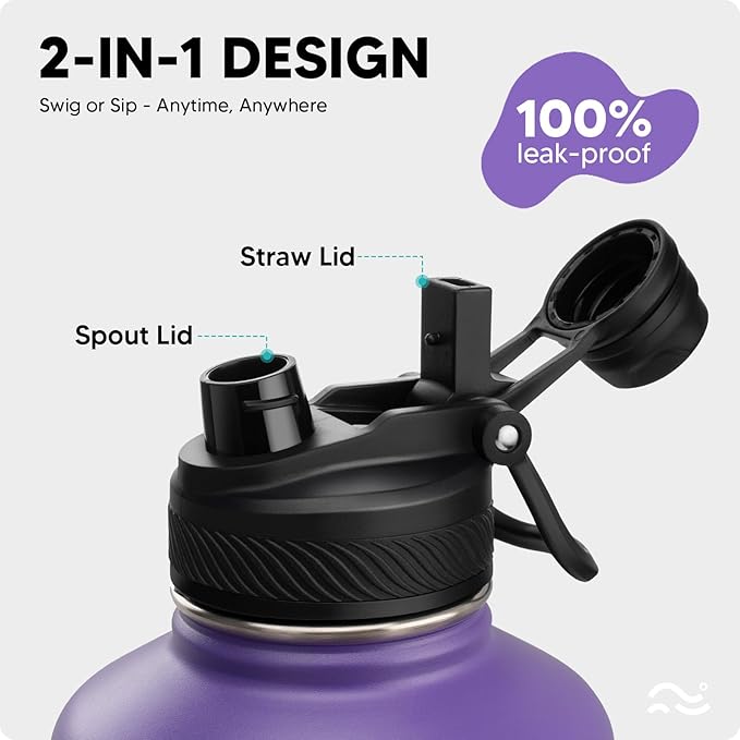 [2-IN-1 LID] 64 oz Insulated Water Bottle with Silicone Boot (48hrs Cold/24hrs Hot) - DIY Stickers, Leakproof, BPA Free, Half Gallon
