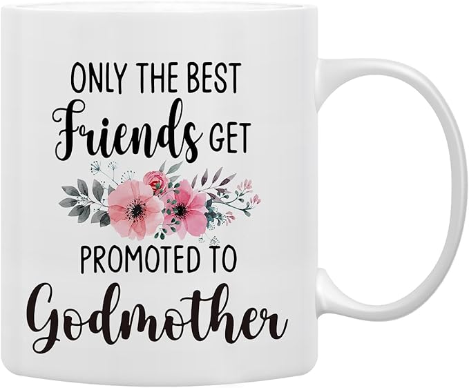 QASHWEY Godmother Mug, Godmothers Gifts Coffee Mug, Pregnancy Announcement Mug Tea Cup Gifts for Friends Women, Mothers Day Gifts for Godmothers, Promoted to Godmother Coffee Cups Ceramic 11oz