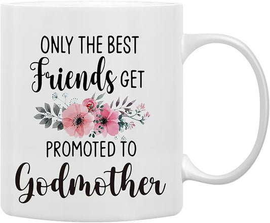 QASHWEY Godmother Mug, Godmothers Gifts Coffee Mug, Pregnancy Announcement Mug Tea Cup Gifts for Friends Women, Mothers Day Gifts for Godmothers, Promoted to Godmother Coffee Cups Ceramic 11oz