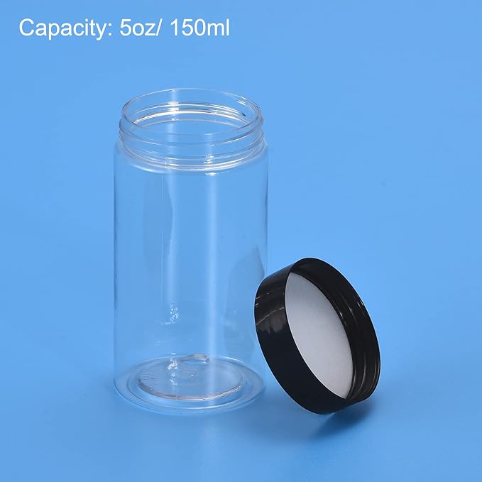 uxcell Round Plastic Jars with Black Screw Top Lid, 5oz/ 150ml Wide-mouth Clear Empty Containers for Storage, Organizing, 4Pcs