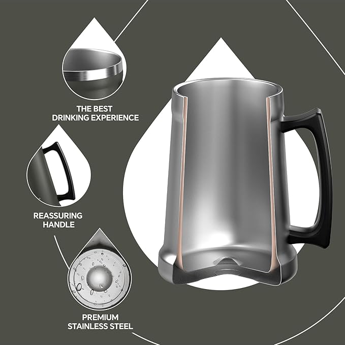 Ideus Insulated Beer Stein, 24/32oz Stainless Steel Double Walled Beer Mug Giant Bar Drinkware Metal Beer Cup with Big Grip Handle (34oz (1,000ml), Grey)