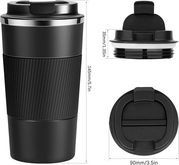 12oz Travel Coffee Cups Insulated Tumbler Thermal Mug to Go with Lid Leak Proof Reusable Stainless Steel Coffee Mug Spill Proof for Hot and Iced Cold Drinks (Black, 380ml)