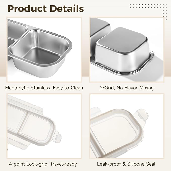 yeesport 4 Pcs Stainless Steel Bento Boxes, 2-Compartment 23.7 fl oz Snack Containers with Leakproof Silicone Seals, Stackable Meal Prep Food Storage Box for Adults & Youngsters