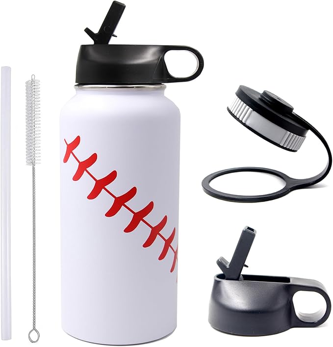 32 oz Baseball Water Bottle, Wide Mouth Sports Flask Metal Thermo Travel Mug with 2 Lids, Stainless Steel Double Wall Vacuum Insulated Water Bottles, Baseball Accessories Gifts for Mom Men Boys Girls