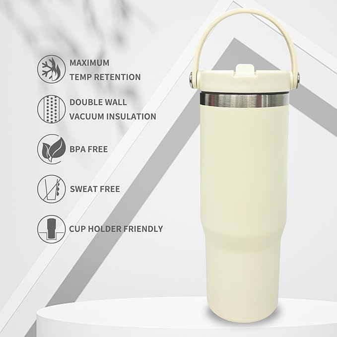30 oz Tumbler Bulk with Top Handle, Double Wall Vacuum Insulated Tumbler with Flip Straw, Travel Coffee Mug 30oz Powder Coated Cup for Laser Engraving (Cream,4 pack)