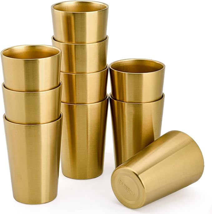 10 Pack 12 oz Stainless Steel Insulated Cup, Double Wall Vacuum Small Metal Cup, Reusable Camping Cups Unbreakable Indoor Outdoor for Party, Home, Office, BBQ, Gold