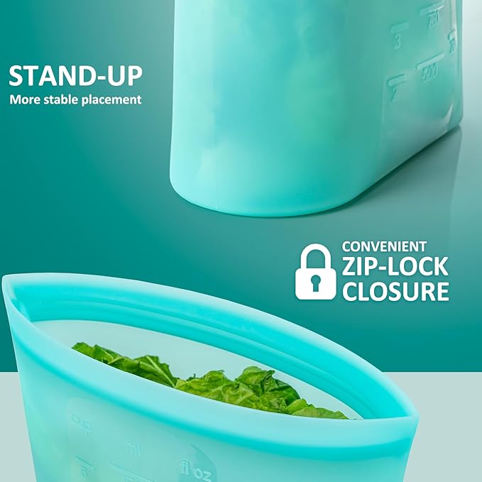 8-Pack Reusable Silicone Food Storage Bags, 100% Silicone Stand-Up Wide-Open Zip-Lock Reusable Storage Bags for Food, Freezer Microwave Oven Dishwasher Safe, Aqua, 4L 2M 2S