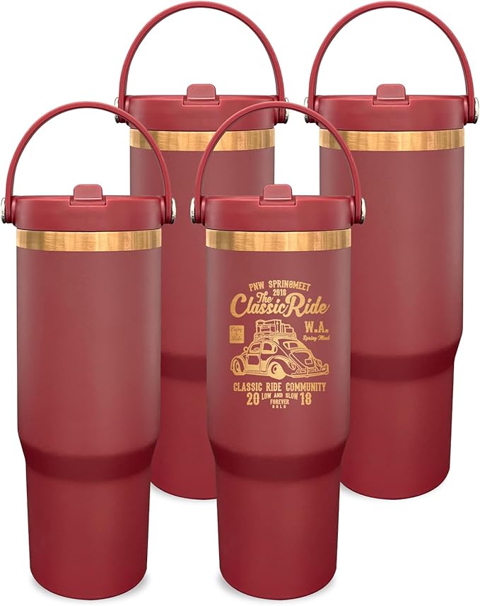 30 oz Tumbler Bulk with Handle and Straw, Vacuum Insulated Tumblers with Flip Straw and Top Handle, Leakproof Powder Coated Tumbler, Stainless Steel Travel Mug for Coffee Water (Red, 4 Pack)
