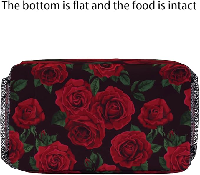 Red Rose Black Background Lunch Bag for Women Men Cute Large Capacity Thermal Lunch Tote Reusable Washable with Adjustable Shoulder Strap and Dual Large Mesh Side Pockets