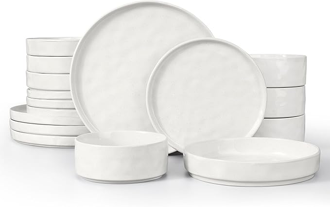 LIANYU Dinnerware Sets with Pasta Bowls for 4, 16 Piece Ceramic Dinner Plates and Bowls Dish Set, Kitchen Speckled Dining Tableware Dishware, Microwave & Dishwasher Safe, Polar White