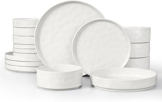 LIANYU Dinnerware Sets with Pasta Bowls for 4, 16 Piece Ceramic Dinner Plates and Bowls Dish Set, Kitchen Speckled Dining Tableware Dishware, Microwave & Dishwasher Safe, Polar White