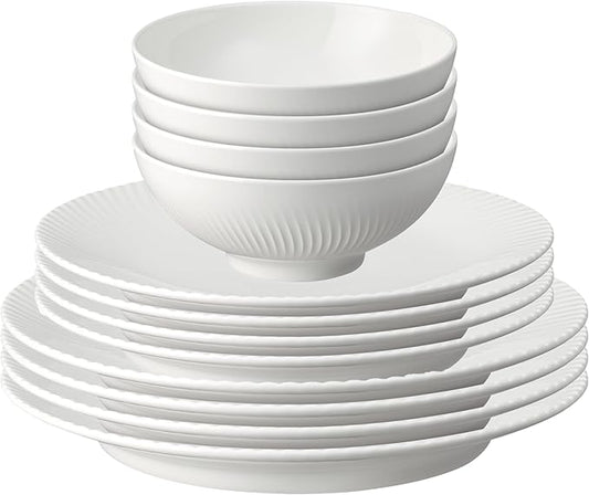 Denby - Arc White Porcelain Dinner Set For 4-12 Piece Textured Tableware Set For Any Occasion - Dishwasher Microwave Oven Safe - Scratch Chip Resistant