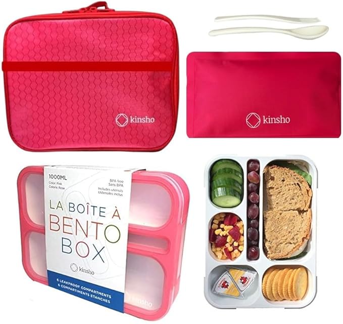 Bento Box with Lunch Bag and Ice Pack Set | Snack Containers Boxes for Kids Girls Adults | 6 Compartments Divided Portion Container Boxes Insulated Bags for School Daycare Lunches, BPA Free, Pink