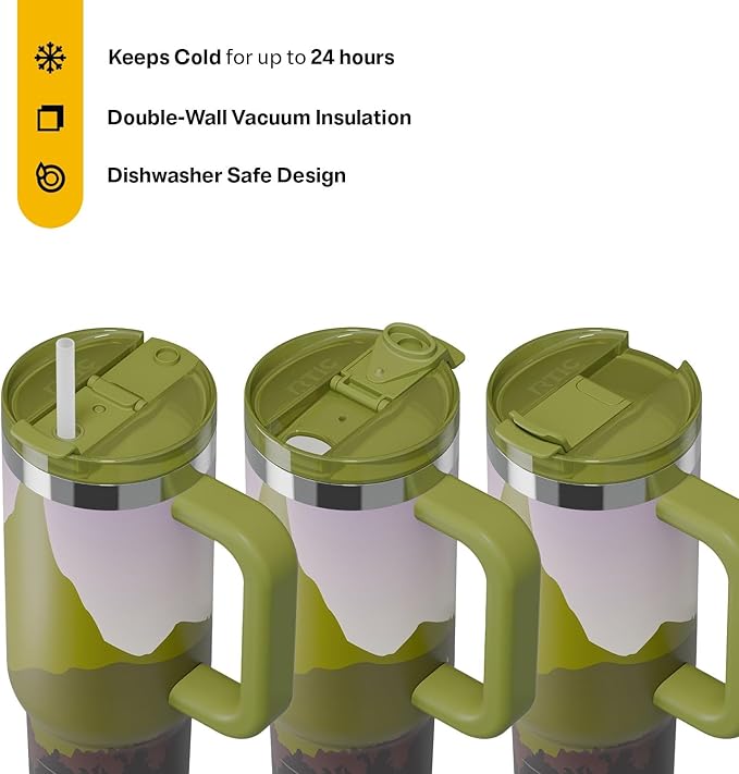 RTIC 30 oz Road Trip Tumbler Double-Walled Ceramic Lined InsulatedStainless Steel Portable Travel Coffee Mug Cup with Lid, Handle and Straw, Deep Woods