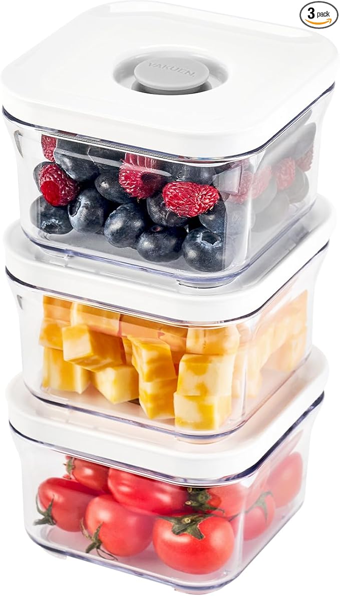 VAKUEN Premium Airtight Food Storage Containers, Mini Square 3pc/set(0.32qt), Smart One-Click Seal Lid, No Hinges, 100% Leak Proof, BPA-FREE, Dishwasher, Freezer & Microwave Safe