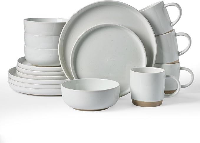 Famiware Milkyway Dinnerware Set with Mugs, Service for 4 (16pcs), Ribbed Stoneware Plates and Bowls Dishes Sets - Chip & Scratch Resistant, Microwave & Dishwasher Safe, Light Gray