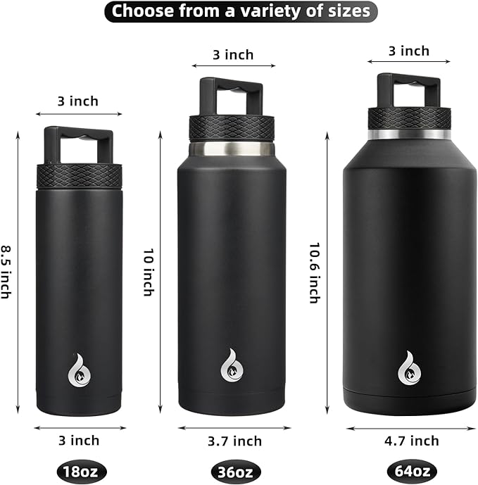 BJPKPK Insulated Water Bottles, Dishwasher Safe 18 oz Water Bottle with Handle, Leakproof BPA Free Water Jug, Stainless Steel Thermo for Sports, Black